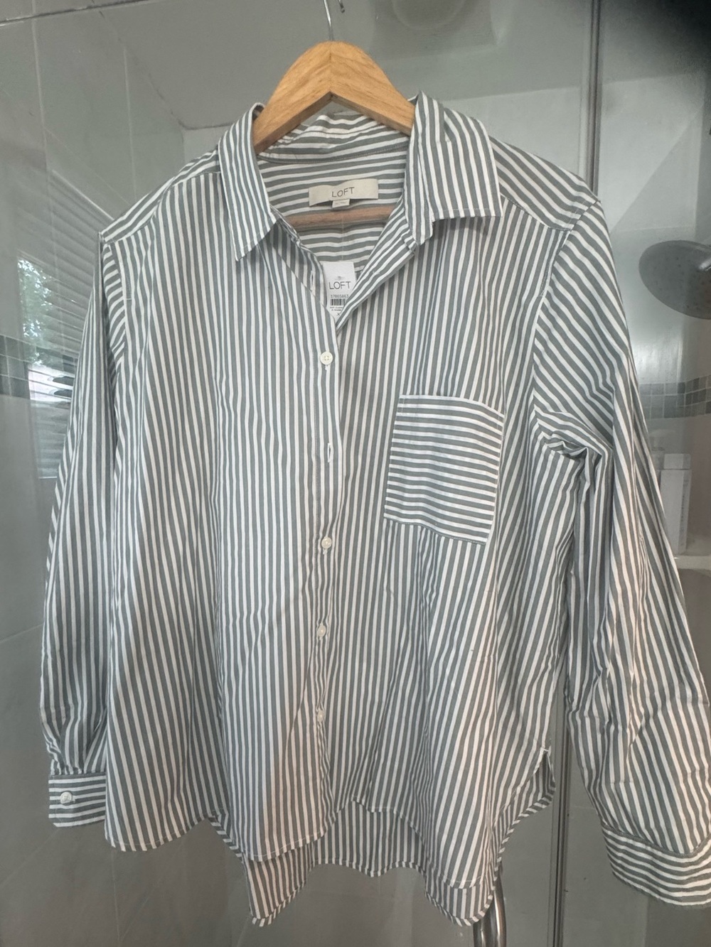 LOFT Women’s Sage Green& White Vertical Stripe Button-Down Shirt